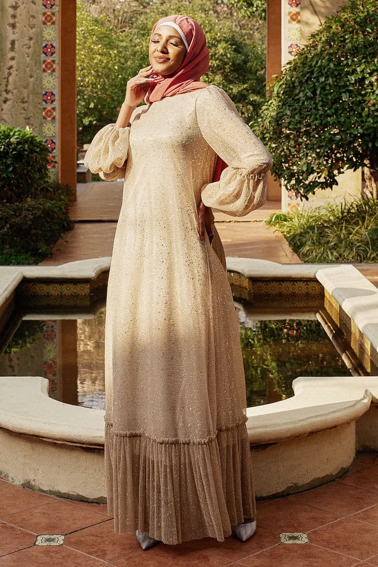 Zaida Gold Glitter Elastic Tulle Maxi Dress - Champagne Day.